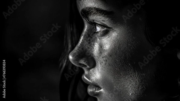Obraz Black and white close-up of a person lost in thought, showcasing detailed facial features