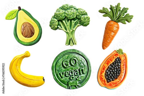 Obraz Refrigerator magnets decoration set.  Fruts and vegetable, vegetarian, vegan art concept