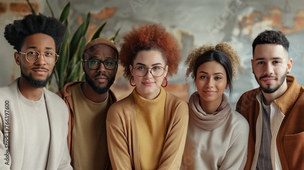 Fototapeta Three diverse friends are posing for a photo, wearing casual clothing and smiling. DEI, DEIB
