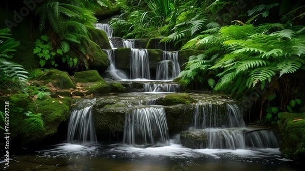 Fototapeta A cascading series of small waterfalls in a hidden forest glade, surrounded by lush greenery and moss-covered rocks.