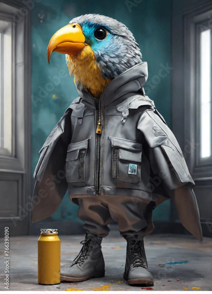 Fototapeta "Fantastical Bird Painter Realistic Head in Hood, Painting Winter Garden Window"




