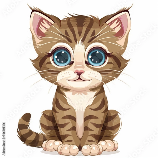 Fototapeta Front view portrait in cartoon style of a cute kitten