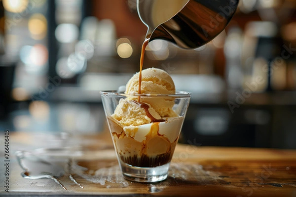 Fototapeta affogato dessert with rich espresso drizzle on vanilla ice cream
