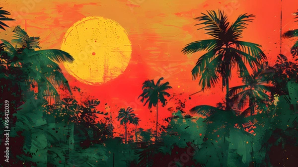 Fototapeta Background in the concept of summer with silhouettes of coconut trees with visible sky and sun using reggae style colors.
