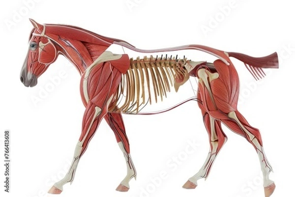 Fototapeta Horse anatomy showing body and head, face with muscular system visible isolated on white background