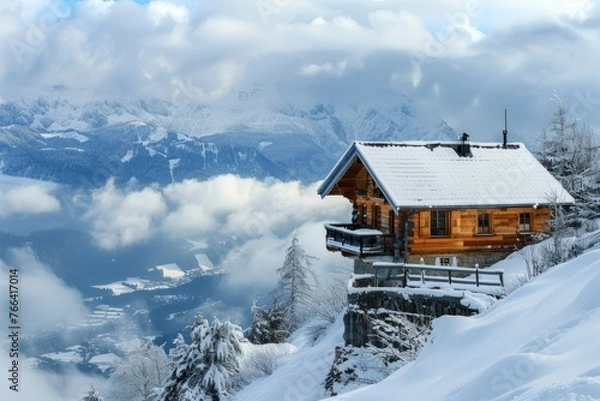 Obraz wooden house on the top of a snowy mountains
