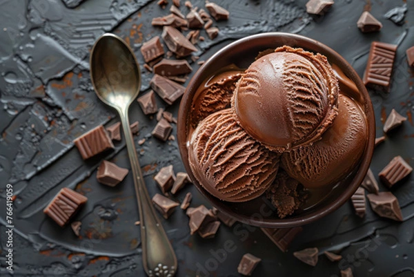 Fototapeta Scoops of rich chocolate ice cream served in a textured bowl, accompanied by chocolate pieces and a vintage spoon on a dark backdrop.