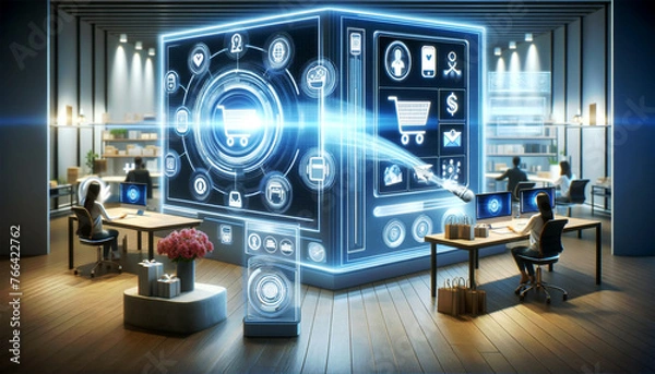 Obraz E-Commerce Digital Interface with Holographic Projection.Dynamic digital interface for e-commerce with holographic shopping cart projection, .