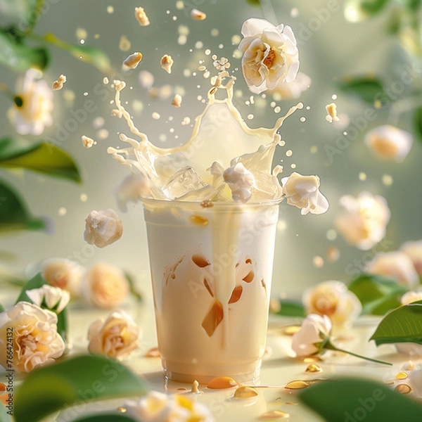 Fototapeta Splashing Milk Tea with Jasmine Flowers Creative Concept