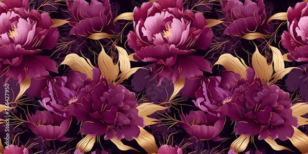Fototapeta Magenta and golden abstract peony garden flowers, seamless pattern. Floral peony pattern for wallpaper or fabric, textile, clothes, tile, print or any other purpose.