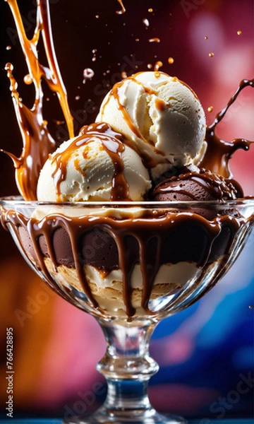 Fototapeta Ice Cream Delight Dynamic Macro Photography with Spectacular Chocolate Sauce Splashes
