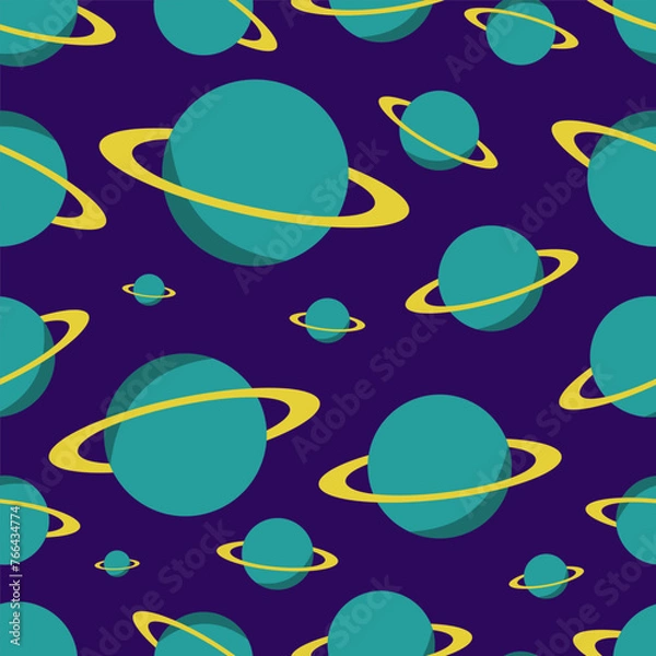 Obraz A cartoon large pattern with Saturn. Planets in space. Space vector graphics for printing, seamless galaxy background with planets.