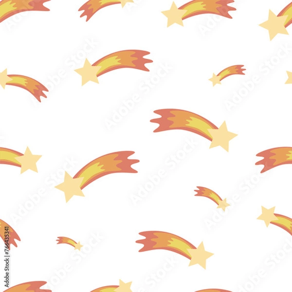 Fototapeta A seamless vector pattern with shooting stars, hand-drawn in the style of doodles, isolated on a white background, is suitable for clothes.