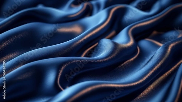 Fototapeta Navy blue silk satin. Silky shiny fabric. Dark luxury background with space for design. Banner. Wide. Long. Panoramic. Template. Empty. Flat lay, top view table. Beautiful. Elegant. Birthday.Christmas