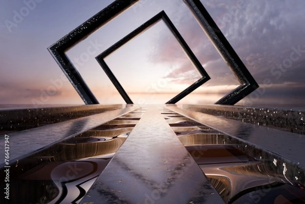 Fototapeta 3d Render, Scifi Landscape Futuristic post apocalyptic scenario with abstract alien landscape. Glass object.