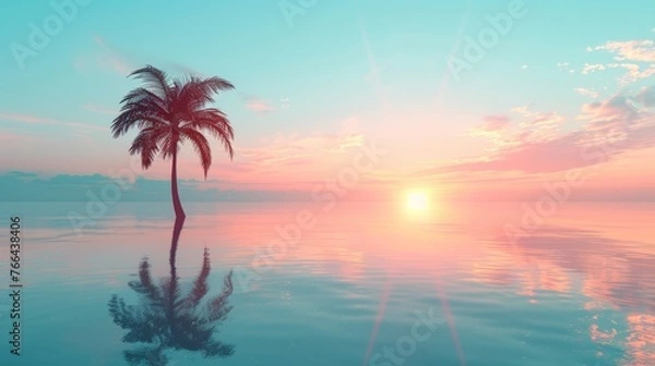 Fototapeta A peaceful tropical sunset scene with a single palm tree standing tall against a backdrop of cotton candy clouds reflected over the smooth surface of calm waters.