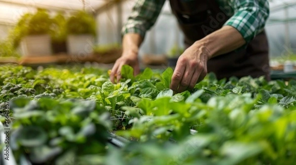 Fototapeta Farmer takes care of crops and sets up drip irrigation system in greenhouse