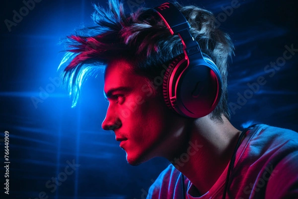 Fototapeta Nice deejay in da club turning dance music nightlife youth party entertainment Generative AI image