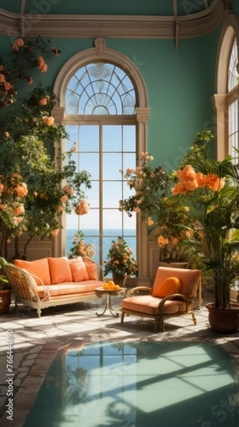 Fototapeta Elegant sunroom with large windows overlooking the ocean