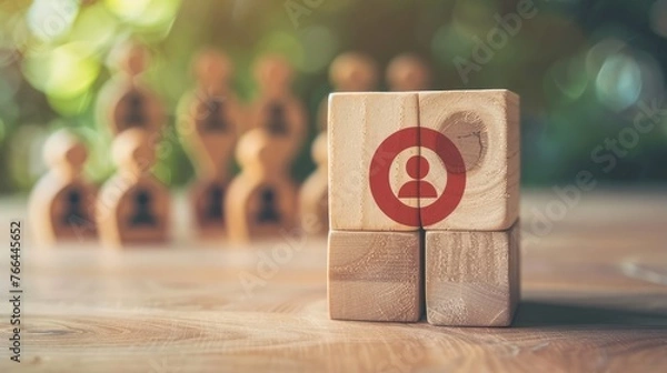 Fototapeta Customer relationship management Wooden block with target icon linked to human icon for customer target group development of information exchange