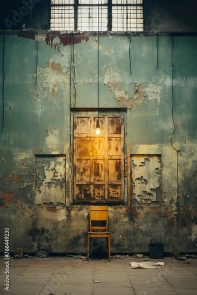 Fototapeta A lone chair sits in an abandoned room with a single light bulb hanging from the ceiling