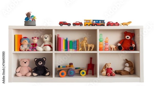 Fototapeta A colorful toy shelf displays an array of toys filling every inch, creating a whimsical and playful scene