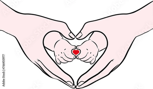 Obraz Vector illustration of adult and baby hand making heart gesture or shape, Mother’s day, Father's day