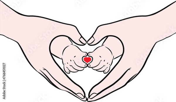 Obraz Vector illustration of adult and baby hand making heart gesture or shape, Mother’s day, Father's day