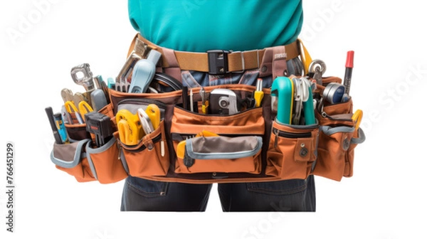 Fototapeta A person confidently holds a tool belt filled with various tools