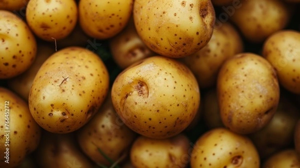 Fototapeta Stack of potatoes showing brown spots caused by storage conditions.