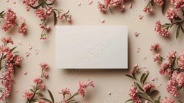 Fototapeta Wedding invitation card mockup, Blank card mockup, mockup white blank card , Styled stock photo, mockup with blank greeting card, Vertical top view blank card, colorful pansies with green leaves, Ai 