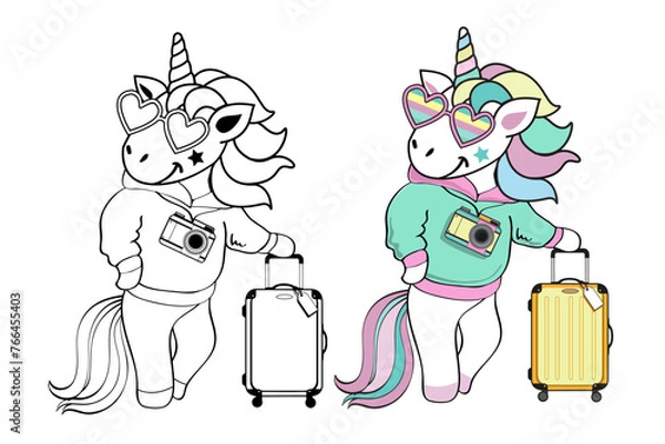 Fototapeta Beautiful summer unicorn with a suitcase. Color and black-and-white coloring for children. Vector illustration of a traveler
