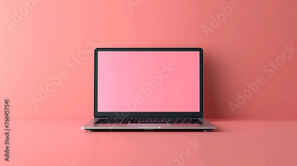 Fototapeta laptop on a table, Pink background Laptop computer mockup, Wooden table with laptop white screen, blank laptop screen mockup,  Laptop with blank screen mockup, Laptop On The Desktop Mock Up, laptop,Ai