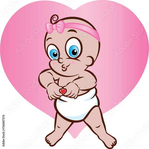 Fototapeta Vector illustration of a baby  girl in diaper making a heart sign or shape