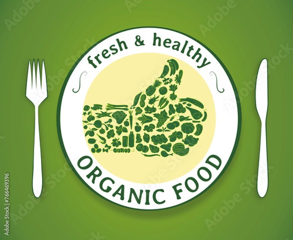 Fototapeta Vector illustration of a hand giving a thumbs up sign with drawings of healthy food on a plate, healthy eating