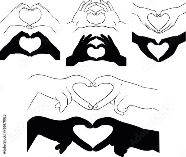 Fototapeta Vector illustration of hands making hearts in different shapes in line art and silhouette mode