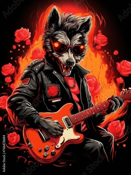 Fototapeta A wolf is playing a guitar with a red rose in the background. The wolf is wearing sunglasses and a leather jacket. Printable design for t-shirts