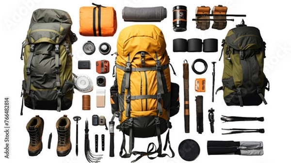 Fototapeta A collection of hiking essentials, including a backpack and hiking boots, laid out in preparation for an outdoor adventure