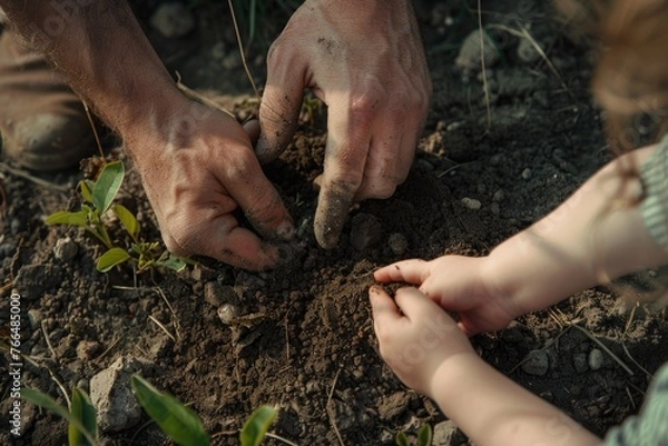 Fototapeta A man and a child working together to plant a new plant. Suitable for gardening or family bonding concepts