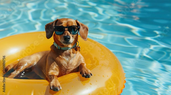 Fototapeta A dachshund wearing sunglasses lounging on an inflatable ring in the pool on a sunny day, in the style of professional photography.