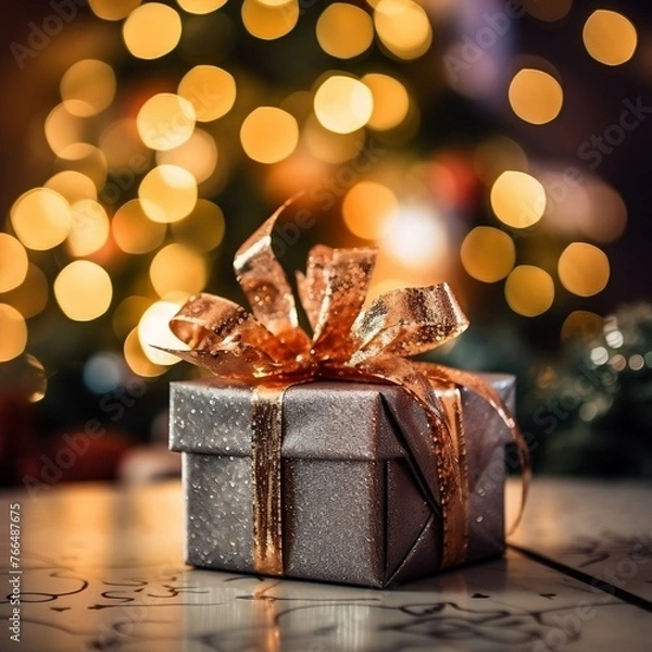 Fototapeta Silver Gift Box with Gold Ribbon on Wooden Table in Front of Christmas Tree
