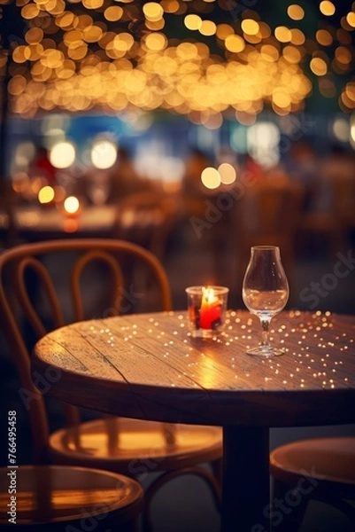 Fototapeta An empty table at a restaurant with a candle and wine glass on it