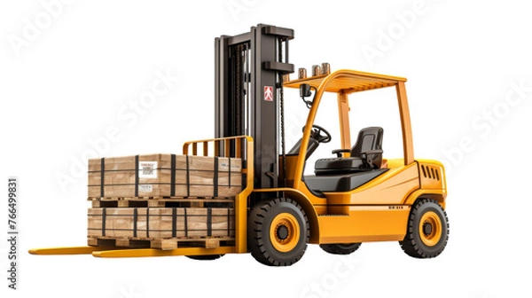 Fototapeta A forklift carrying multiple pallets stacked high in a warehouse