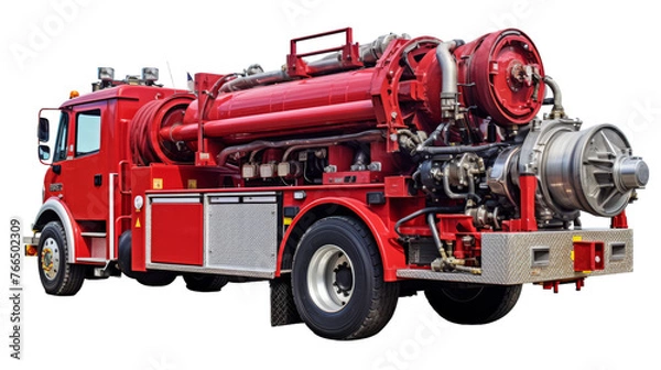 Fototapeta A vibrant red fire truck with a red hose attached to the back, ready for action