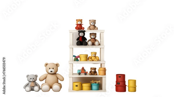 Fototapeta Group of teddy bears sitting on a shelf, lined up in cute positions, creating a whimsical and playful scene