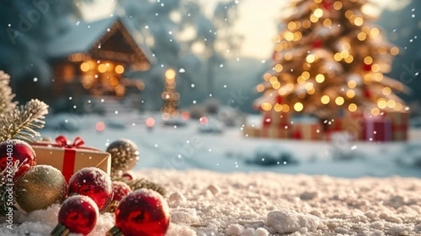Fototapeta Christmas tree with presents in the snow