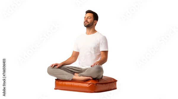 Fototapeta A man achieves inner peace, sitting on a soft pillow in a lotus position