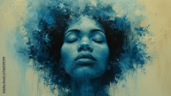 Fototapeta An ethereal painting captures a woman's face in a serene, dreamlike state, submerged in a sea of blue hues and abstract forms