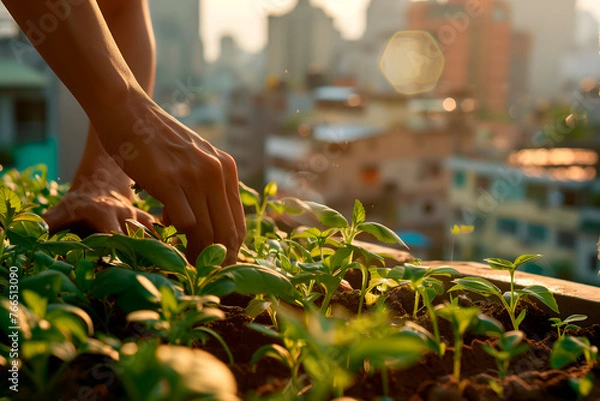 Fototapeta Hands planting in an urban farm on a terrace, with a blurred cityscape in the background