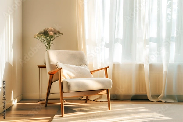 Fototapeta clean white interior design room with a white chair in the foreground